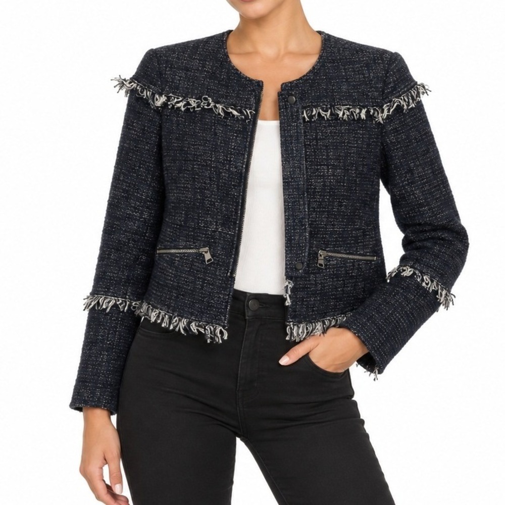Banana Republic Jacket Women 4 Navy Tweed Fringe Trim Moto Professional Blazer